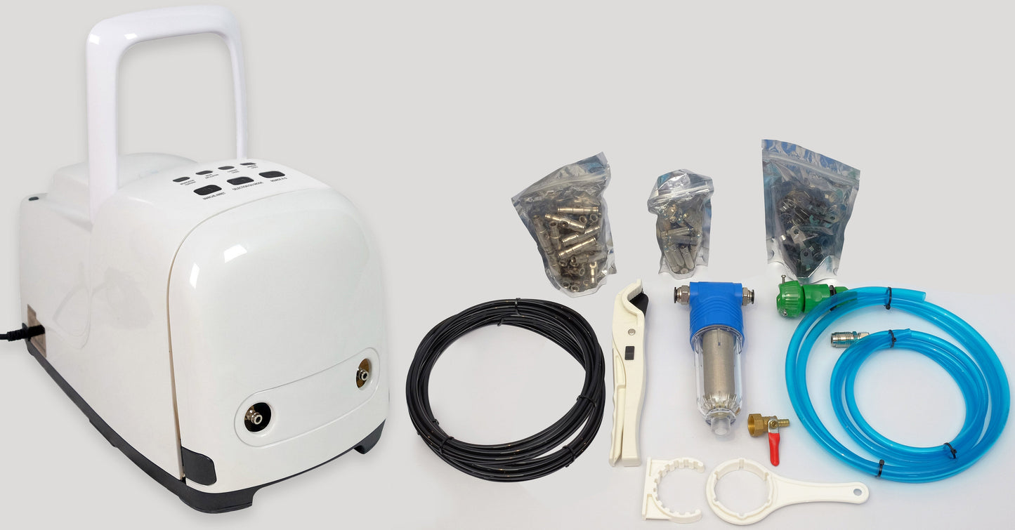 Kit PROFESIONAL racire terasa, pentru terasa restaurant, comanda BLUETOOTH, pompa 70bar, 30 duze inox antipicatura pentru max 65mp