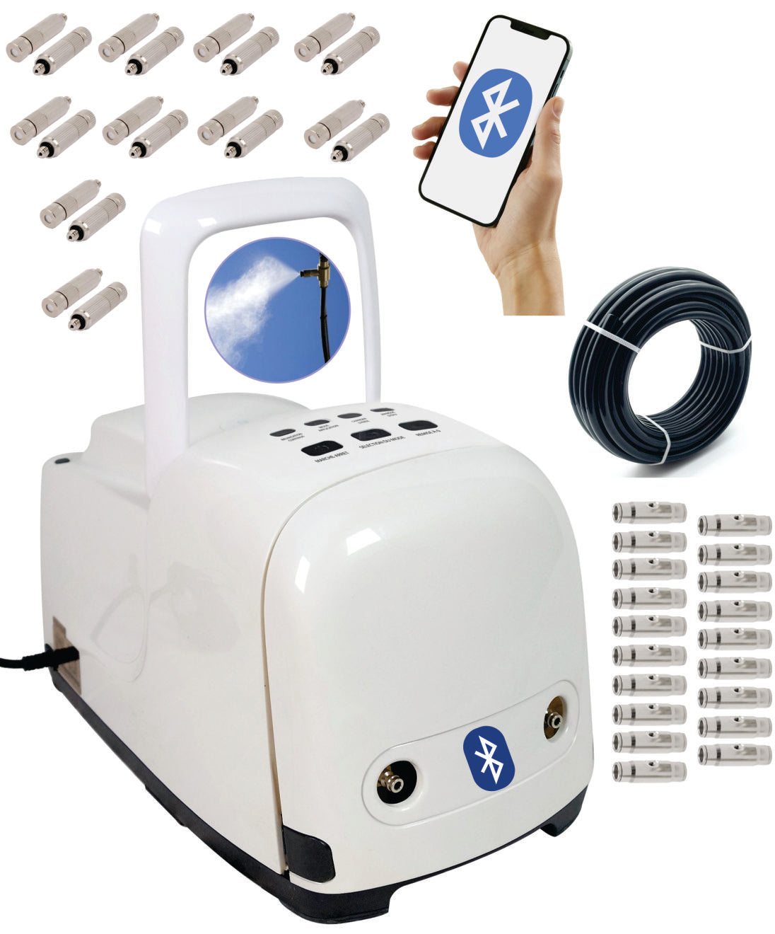 Kit PROFESIONAL racire terasa, pentru terasa restaurant, comanda BLUETOOTH, pompa 70bar, 30 duze inox antipicatura pentru max 65mp