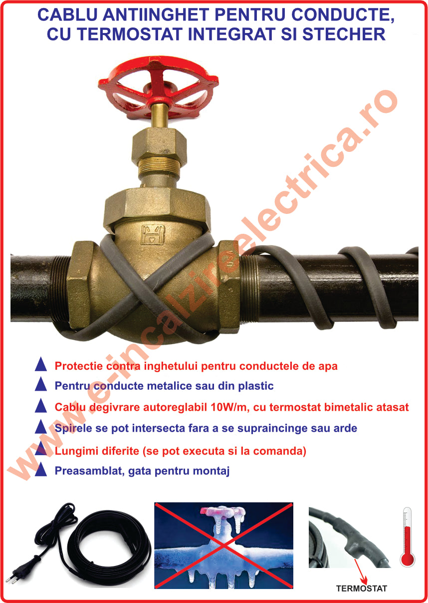 Cablu autoreglabil antiinghet conducte 10W/m - Cablu degivrare 2m, cu termostat si stecher