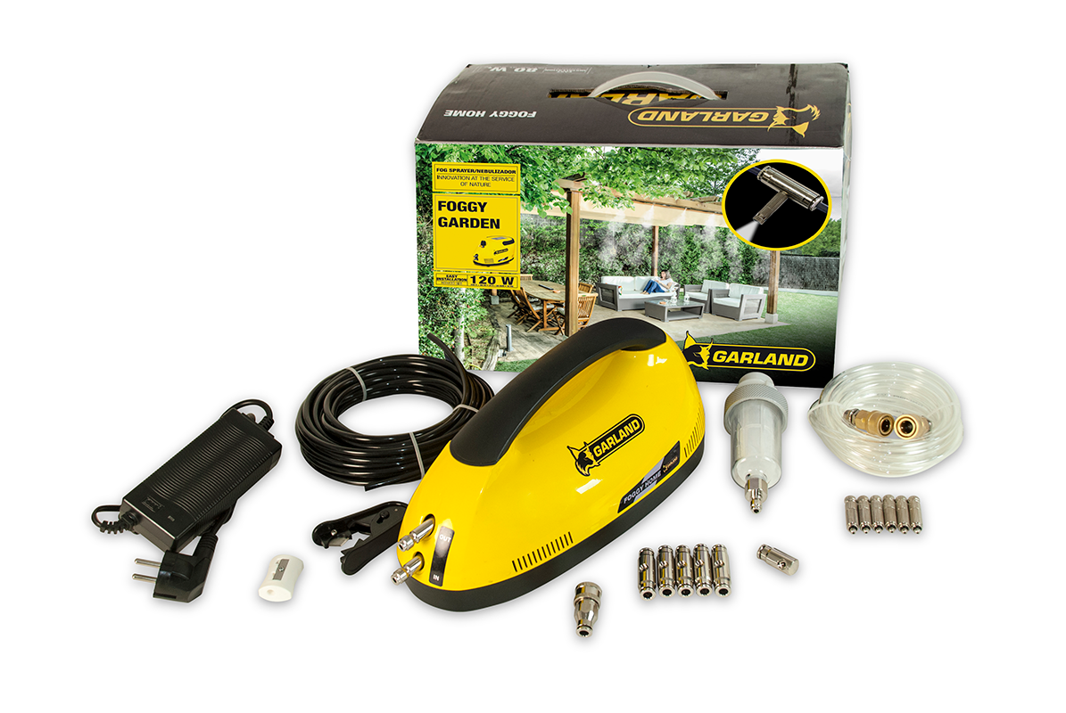 Kit PROFESIONAL racire exterioara pentru curte, foisor, terasa restaurant, bar, plaja, piscina : pompa 40bar cu programator, 6 duze inox antipicatura