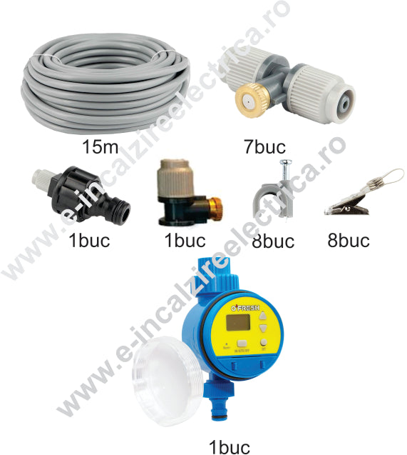 Set racire exterioara terase : Kit racire exterioara 15m, 8duze pulverizare + temporizator apa _ STOC EPUIZAT