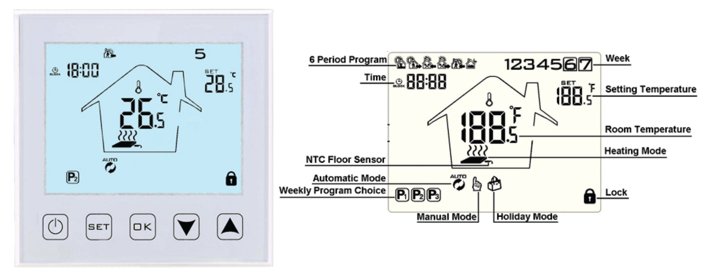 Termostat digital programabil, butoane tactile, pentru comanda sistemelor electrice de incalzire in pardoseala + panouri infrarosu
