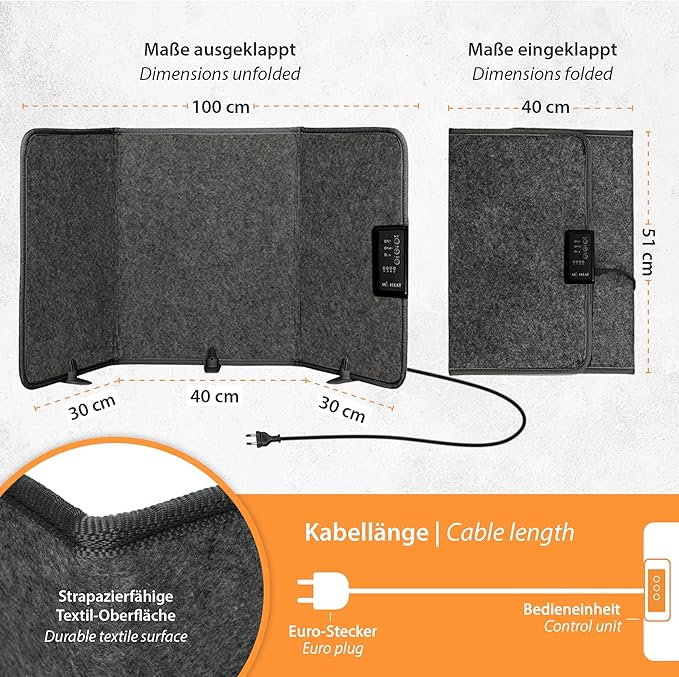 Panou încălzitor pentru picioare, panou infraroșu pliabil pentru birou, termostat reglabil, 260W,  3 trepte de căldură