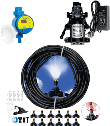 Kit răcire exterioară terasă, 15 duze pulverizare, 15 m lungime + programator pulverizare + pompă 6 bar