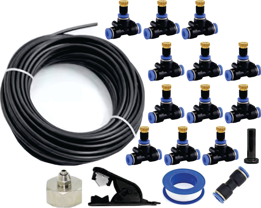 Kit răcire exterioară terasă, 15 duze pulverizare, 15 m lungime + programator pulverizare + pompă 6 bar